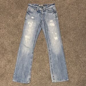 BKE Men’s Size 28L Carter 100% Cotton Denim Bootcut Distressed Blue Jeans